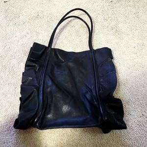 Black Leather Ruffled Tote